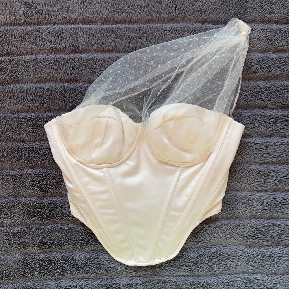 HOUSE OF CB/ Kim Ivory Draped Mesh Spotted Dot Sheer Tulle Asymmetrical Corset